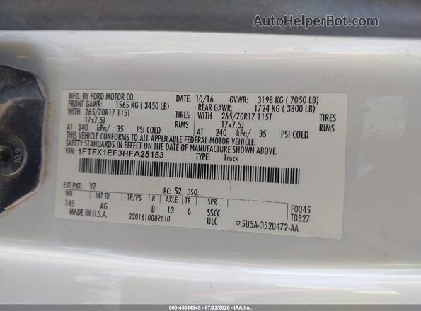 1FTFX1EF3HFA25153 2017 FORD F150 Белый Вид подкапотного пространства