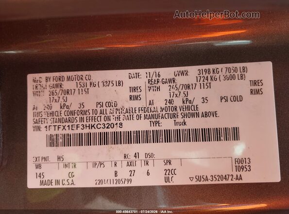 1FTFX1EF3HKC32018 2017 FORD F150 Brown Շարժիչի բաժամունքի տեսք