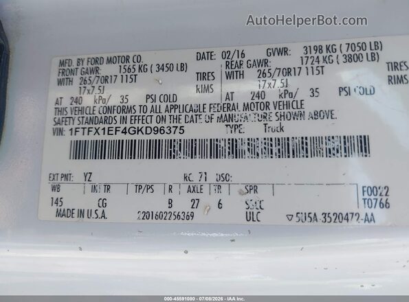 1FTFX1EF4GKD96375 2016 FORD F150 White Engine compartment view
