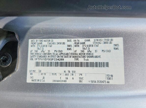 1FTFX1EF5GFC04289 2016 FORD F150 Silver Vista del compartimento del motor