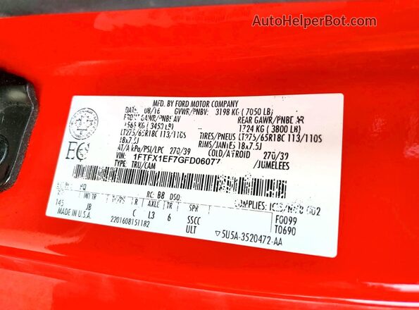 1FTFX1EF7GFD06077 2016 FORD F150 Red Widok naklejki z numerem VIN