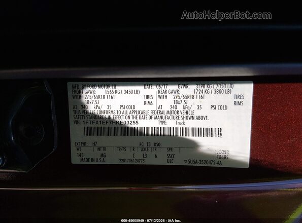 1FTFX1EF7HKE03255 2017 FORD F150 Темно-бордовый Вид подкапотного пространства
