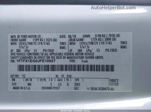 1FTFX1EG0JFE10927 2018 FORD F150 White ძრავის განყოფილების ხედი