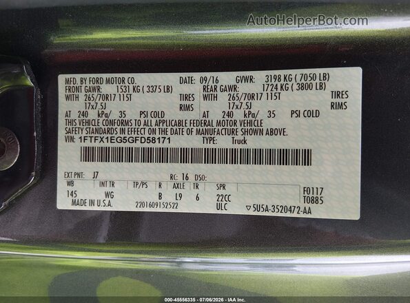 1FTFX1EG5GFD58171 2016 FORD F150 Gray Շարժիչի բաժամունքի տեսք