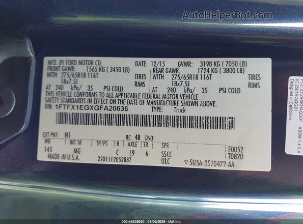 1FTFX1EGXGFA20636 2016 FORD F150 Blue Vista del compartimento del motor
