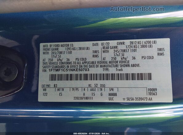 1FTMF1C51NKE50703 2022 FORD F150 Blue ძრავის განყოფილების ხედი