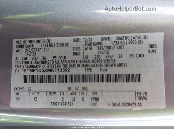 1FTMF1C5XMKF13392 2021 FORD F150 Silver Widok komory silnika