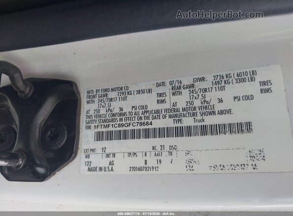 1FTMF1C89GFC78684 2016 FORD F150 White ძრავის განყოფილების ხედი
