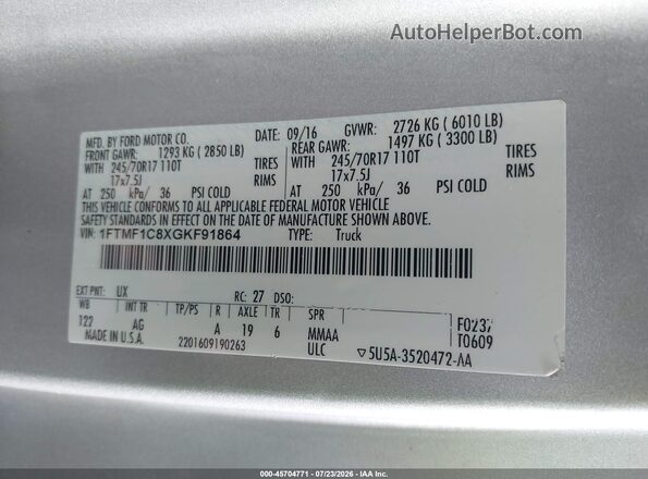 1FTMF1C8XGKF91864 2016 FORD F150 Silver Շարժիչի բաժամունքի տեսք