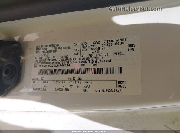 1FTMF1CB0LKF05144 2020 FORD F150 White Vista del compartimento del motor