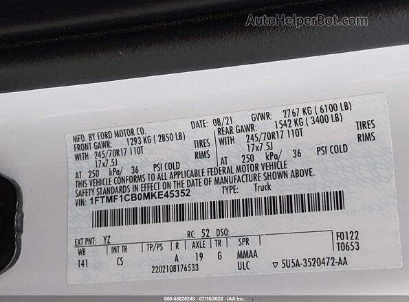 1FTMF1CB0MKE45352 2021 FORD F150 White Вид підкапотного простору