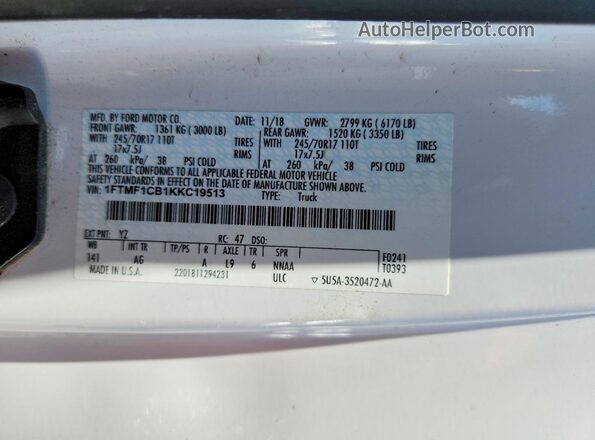 1FTMF1CB1KKC19513 2019 FORD F150 White Вид наклейки з VIN-кодом