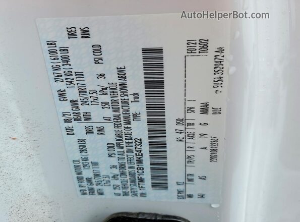1FTMF1CB1MKE47322 2021 FORD F150 White Շարժիչի բաժամունքի տեսք