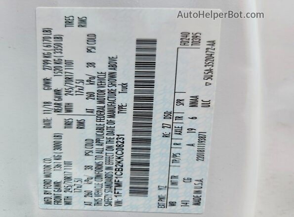 1FTMF1CB2KKC08231 2019 FORD F150 White Engine compartment view