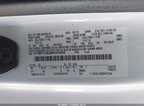 1FTMF1CB2MKD55068 2021 FORD F150 White Շարժիչի բաժամունքի տեսք