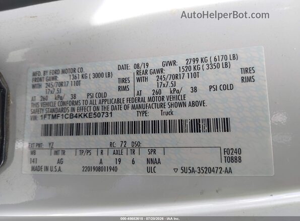 1FTMF1CB4KKE50731 2019 FORD F150 White Engine compartment view