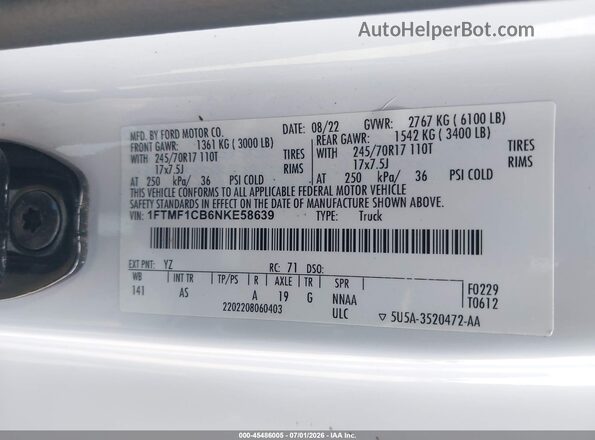 1FTMF1CB6NKE58639 2022 FORD F150 White Engine compartment view