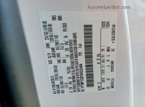 1FTMF1CB7KKD33404 2019 FORD F150 White Շարժիչի բաժամունքի տեսք