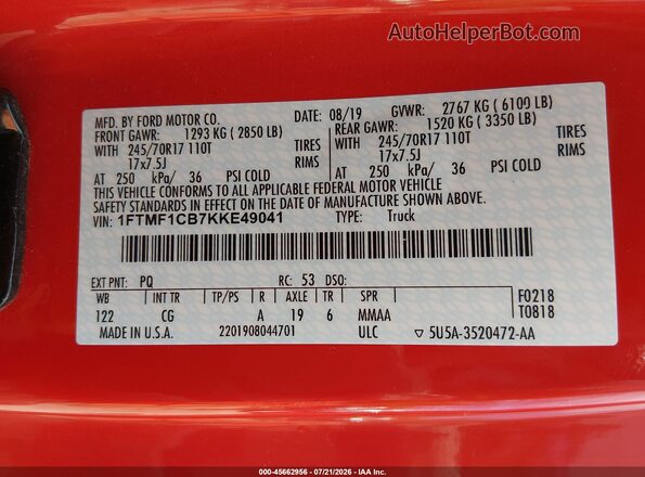 1FTMF1CB7KKE49041 2019 FORD F150 Red Vista del compartimento del motor