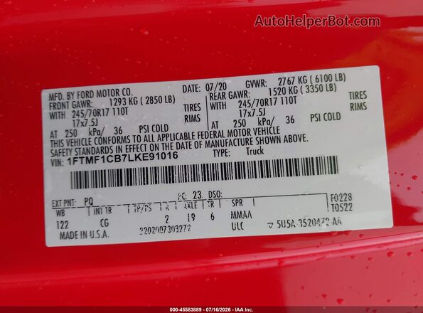 1FTMF1CB7LKE91016 2020 FORD F150 Red Widok komory silnika