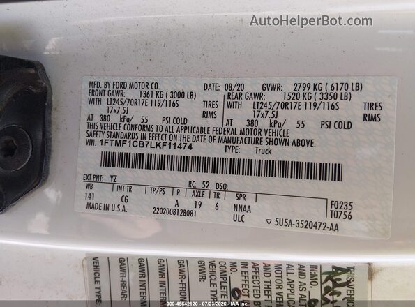 1FTMF1CB7LKF11474 2020 FORD F150 White Engine compartment view