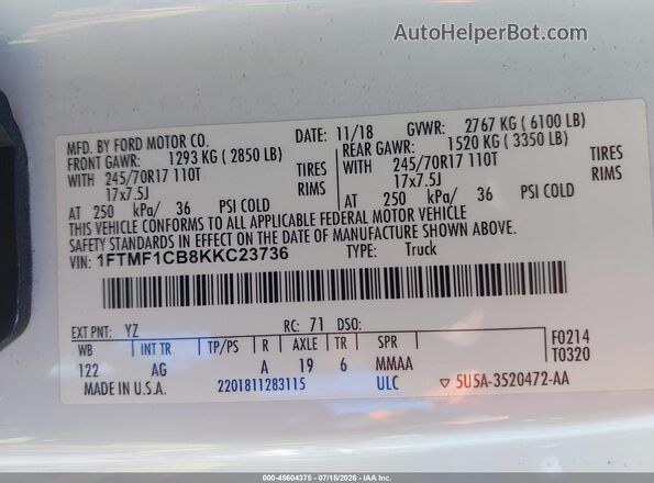 1FTMF1CB8KKC23736 2019 FORD F150 Yellow Vista del compartimento del motor