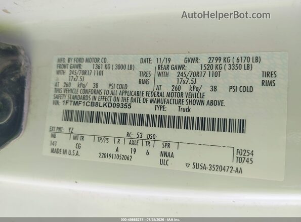1FTMF1CB8LKD09355 2020 FORD F150 Белый Вид подкапотного пространства