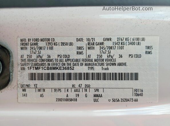 1FTMF1CB8MKE36852 2021 FORD F150 Белый Вид наклейки с VIN-кодом