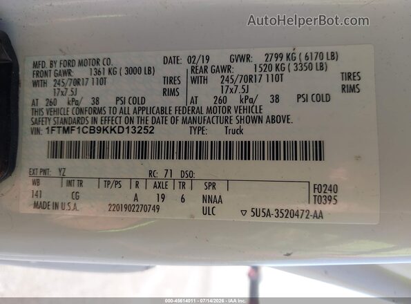1FTMF1CB9KKD13252 2019 FORD F150 White Engine compartment view