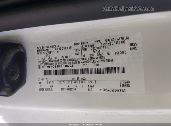 1FTMF1CB9KKE48702 2019 FORD F150 White VIN sticker view