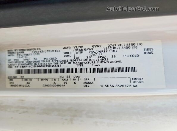 1FTMF1CB9MKD02447 2021 FORD F150 White ძრავის განყოფილების ხედი