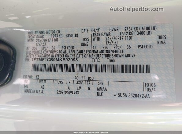 1FTMF1CB9MKE02998 2021 FORD F150 White Widok komory silnika
