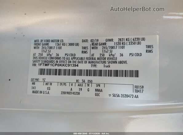1FTMF1CP0KKC91394 2019 FORD F150 Белый Вид подкапотного пространства