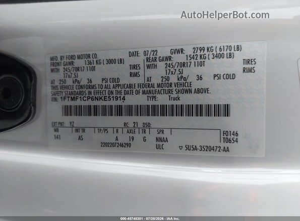 1FTMF1CP6NKE51914 2022 FORD F150 White ძრავის განყოფილების ხედი