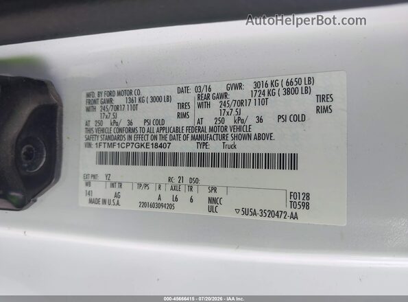 1FTMF1CP7GKE18407 2016 FORD F150 White Շարժիչի բաժամունքի տեսք