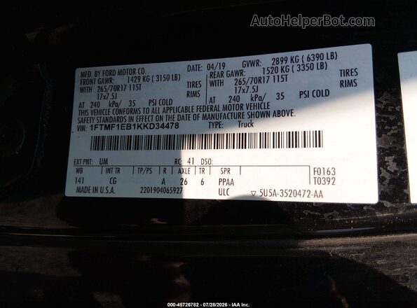 1FTMF1EB1KKD34478 2019 FORD F150 Gray Շարժիչի բաժամունքի տեսք