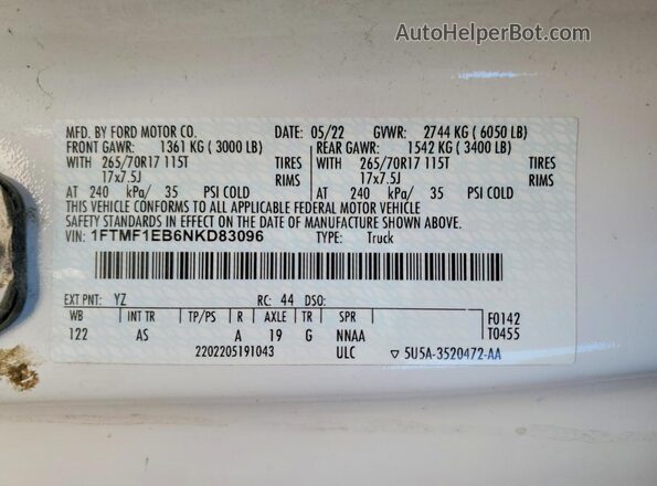 1FTMF1EB6NKD83096 2022 FORD F150 White Vista del compartimento del motor