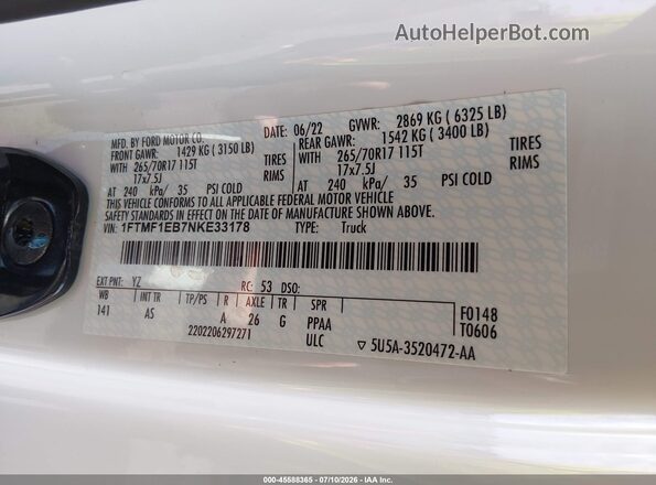1FTMF1EB7NKE33178 2022 FORD F150 White Widok komory silnika