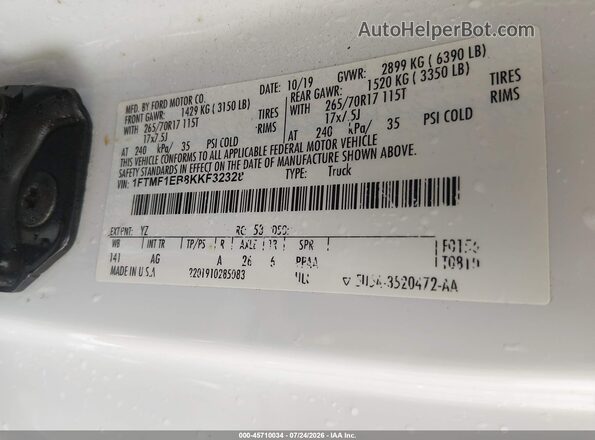 1FTMF1EB8KKF32328 2019 FORD F150 White ძრავის განყოფილების ხედი