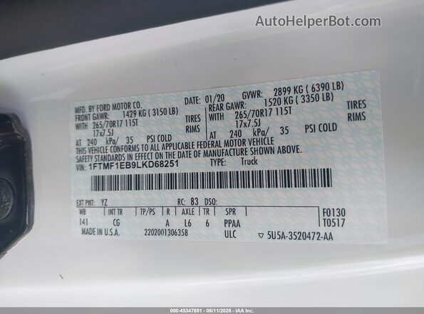 1FTMF1EB9LKD68251 2020 FORD F150 White Vista del compartimento del motor