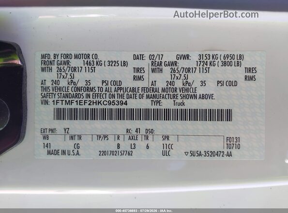 1FTMF1EF2HKC95394 2017 FORD F150 White Շարժիչի բաժամունքի տեսք