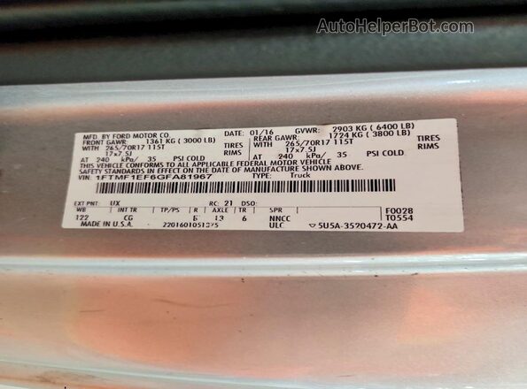 1FTMF1EF6GFA81967 2016 FORD F150 Silver Vista del compartimento del motor