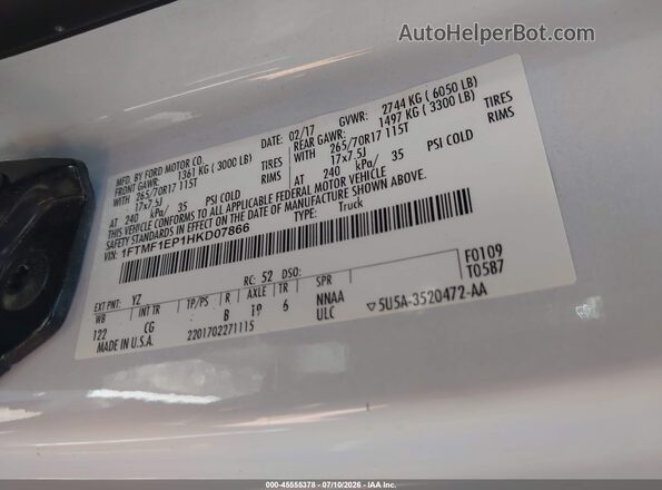 1FTMF1EP1HKD07866 2017 FORD F150 White Շարժիչի բաժամունքի տեսք