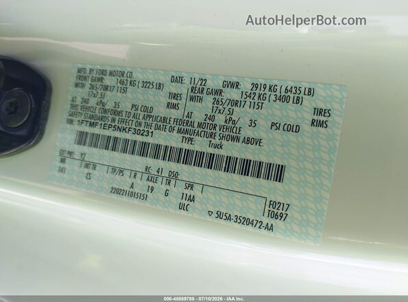 1FTMF1EP5NKF30231 2022 FORD F150 White Вид підкапотного простору