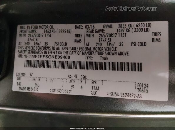 1FTMF1EP8GKE09468 2016 FORD F150 Gray Շարժիչի բաժամունքի տեսք