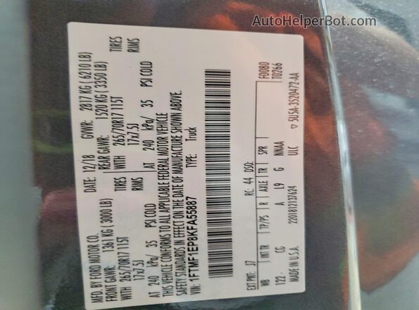 1FTMF1EP8KFA55887 2019 FORD F150 Gray Widok naklejki z numerem VIN