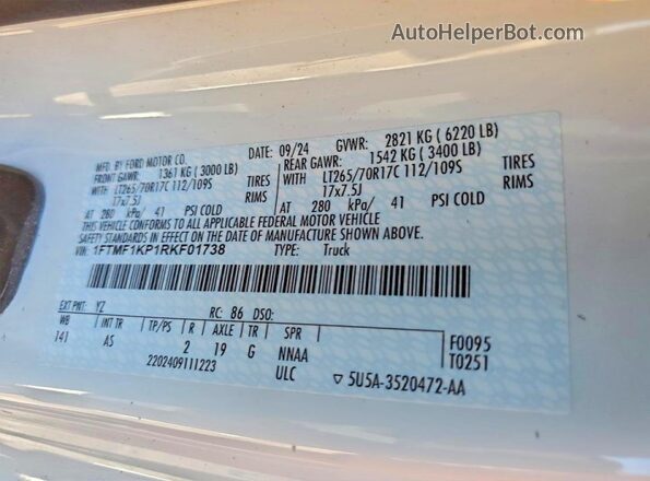 1FTMF1KP1RKF01738 2024 FORD F150 White Շարժիչի բաժամունքի տեսք