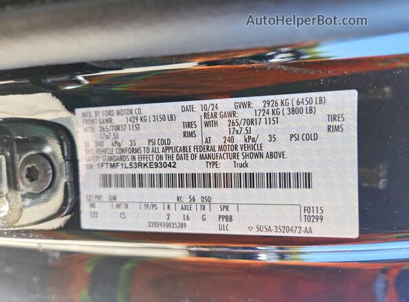1FTMF1L53RKE93042 2024 FORD F150 Black VIN კოდის სტიკერის ხედი