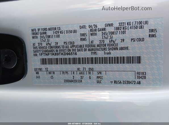 1FTNF1K89TKD96516 2026 FORD F150 White Vista del compartimento del motor