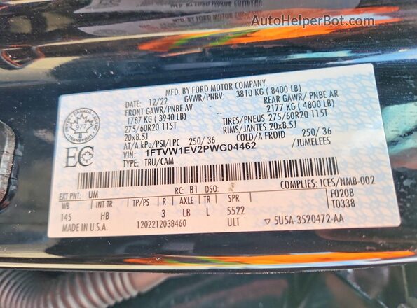 1FTVW1EV2PWG04462 2023 FORD F150 Charcoal VIN კოდის სტიკერის ხედი